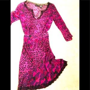 Vintage 90s. Vibrant animal print and Chantilly lace tunic and skirt. 100% silk.